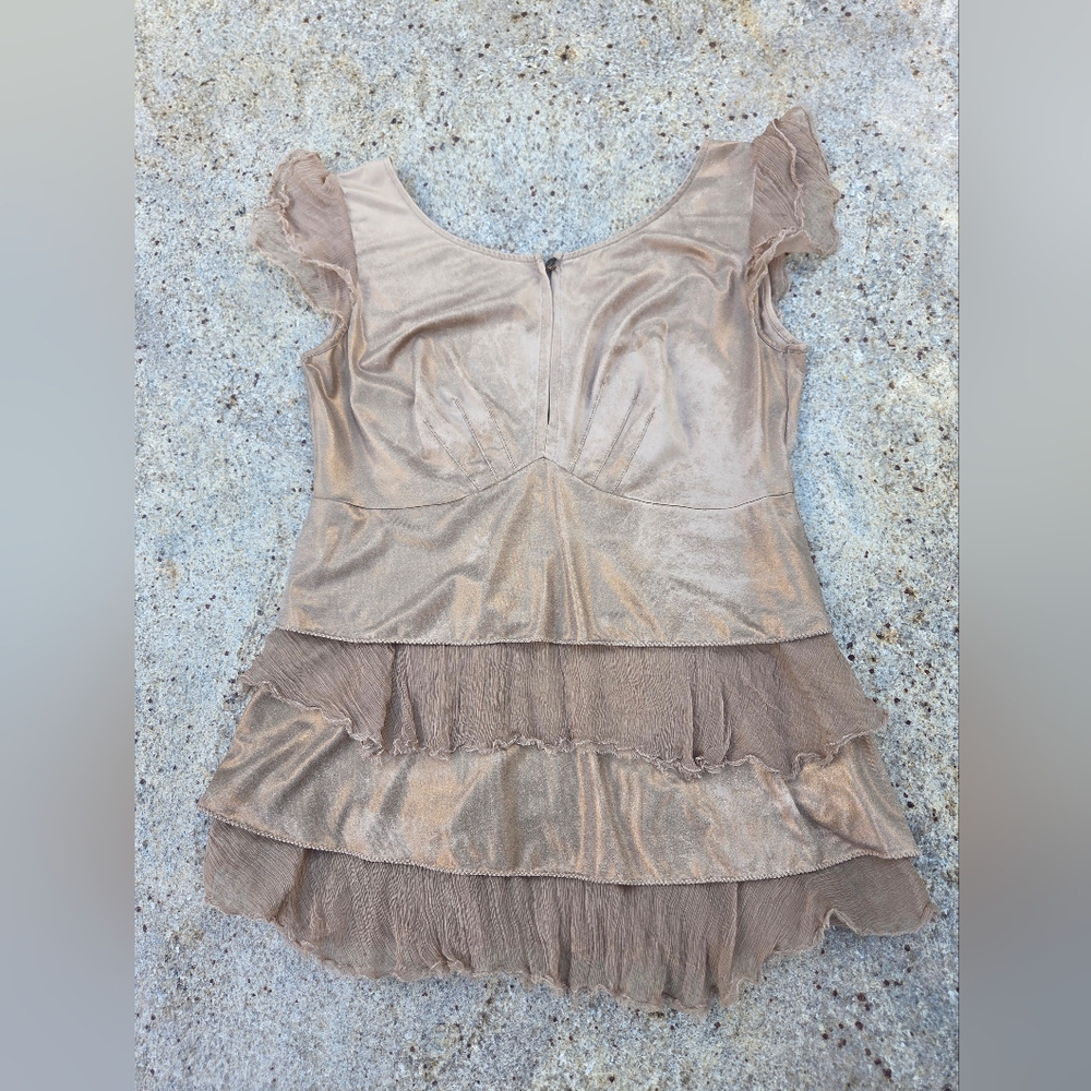 Elegant Italian designer Roberta Scarpa metallic tiered Top in champagne/taupe